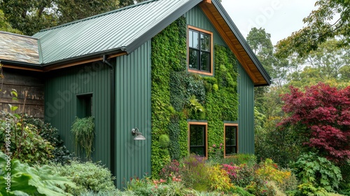 Wallpaper Mural A sustainable home with green James Hardie siding, integrated into a vertical garden wall, emphasizing eco-friendly design and energy efficiency Torontodigital.ca