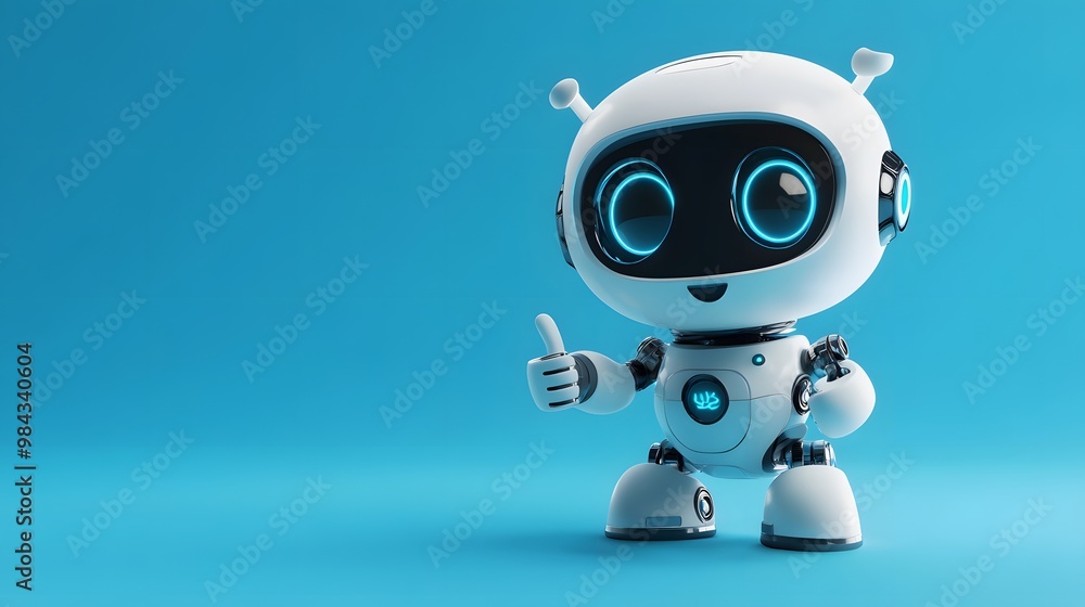 A cute cartoon robot in a 3D render, set against a blue gradient background with a futuristic design and friendly AI assistant appearance, featuring a white and light blue color scheme. A cute cartoon robot in a 3D render, set against a blue gradient background with a futuristic design and friendly AI assistant appearance, featuring a white and light blue color scheme.