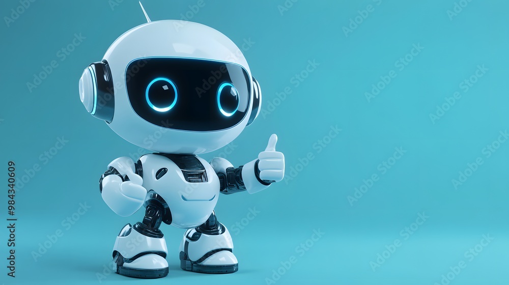 A cute cartoon robot in a 3D render, set against a blue gradient background with a futuristic design and friendly AI assistant appearance, featuring a white and light blue color scheme. A cute cartoon robot in a 3D render, set against a blue gradient background with a futuristic design and friendly AI assistant appearance, featuring a white and light blue color scheme.