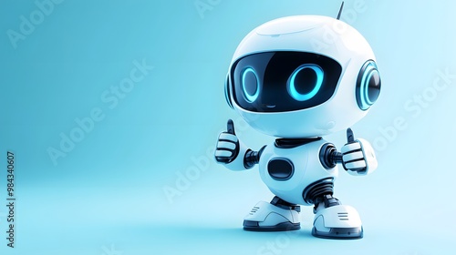 A cute cartoon robot in a 3D render, set against a blue gradient background with a futuristic design and friendly AI assistant appearance, featuring a white and light blue color scheme.