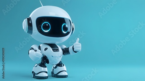 A cute cartoon robot in a 3D render, set against a blue gradient background with a futuristic design and friendly AI assistant appearance, featuring a white and light blue color scheme.