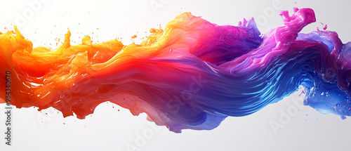 Vibrant and dynamic wave of colorful paint, blending hues of orange, purple, and blue in a stunning abstract pattern.