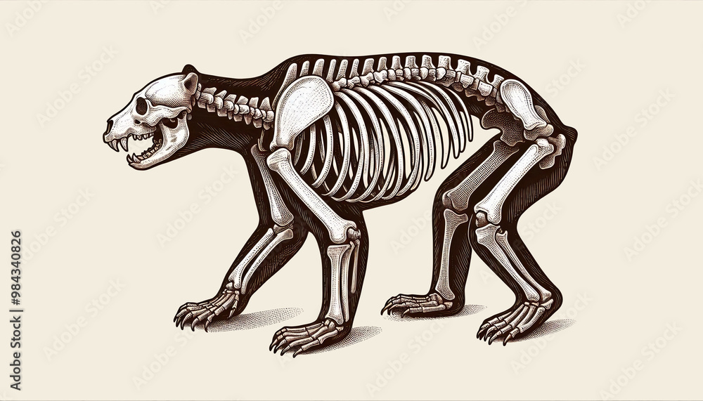 Fototapeta premium Bear Skull Skeleton illustration in old Engraving drawing style