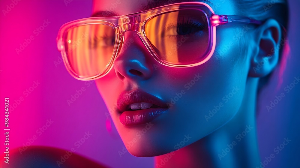 Closeup portrait of young woman wearing sleek sunglasses luminous vibrant neon glow on her face highlighting her serene expression Concept of youth beauty fashion and style modern life : Generative AI Closeup portrait of young woman wearing sleek sunglasses luminous vibrant neon glow on her face highlighting her serene expression Concept of youth beauty fashion and style modern life : Generative AI