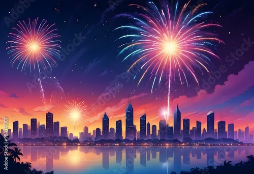 Fireworks are seen from a beach with a beach and mountains buildings in the background