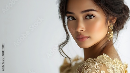 A fashionable Filipino woman showcases a luxurious gold Filipiniana dress exuding charm and cultural pride against a simple white background : Generative AI