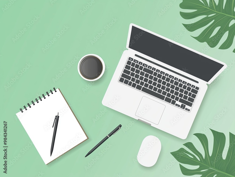 Minimalist Modern Office Workspace with Laptop Computer and Nature Accents Minimalist Modern Office Workspace with Laptop Computer and Nature Accents