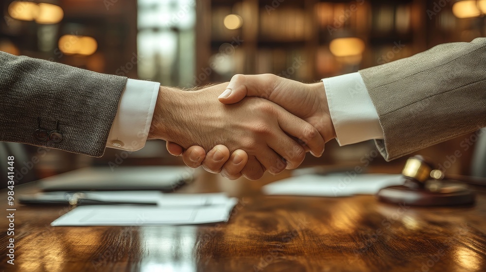 Two lawyers shaking hands after resolving a legal negotiation with documents on the table, legal settlement, successful negotiation, photorealistic Two lawyers shaking hands after resolving a legal negotiation with documents on the table, legal settlement, successful negotiation, photorealistic