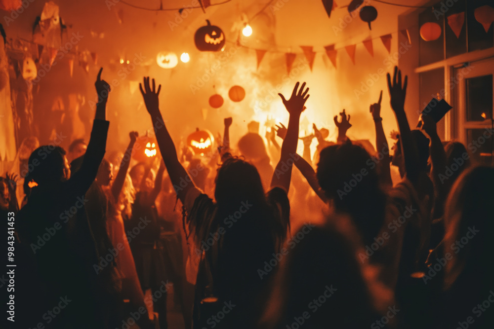 A group of people celebrating halloween at a seasonal party A group of people celebrating halloween at a seasonal party