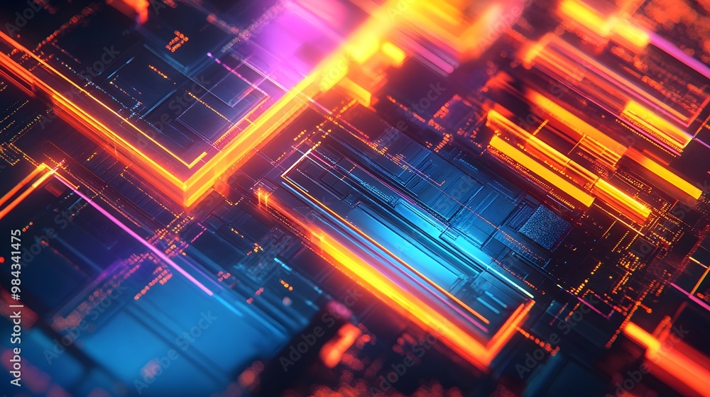 A futuristic tech abstract with neon glowing geometric shapes and vibrant color spectrum, featuring digital circuit board aesthetic with cyberpunk style on a dark background. A futuristic tech abstract with neon glowing geometric shapes and vibrant color spectrum, featuring digital circuit board aesthetic with cyberpunk style on a dark background.