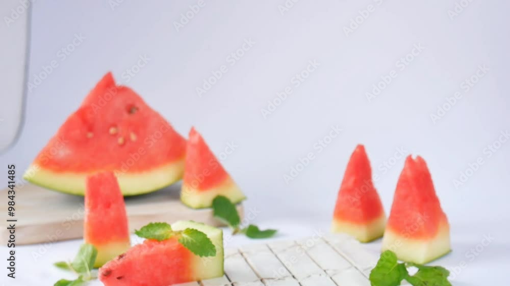 serving a glass of refreshing water melon smoothies on the table with water melon slice and mint
serving a glass of refreshing water melon smoothies on the table with water melon slice and mint