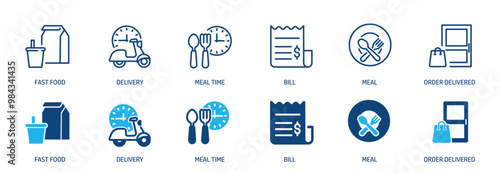 Food delivery line and glyph solid icons collection. Minimal icon and symbol series vector illustration