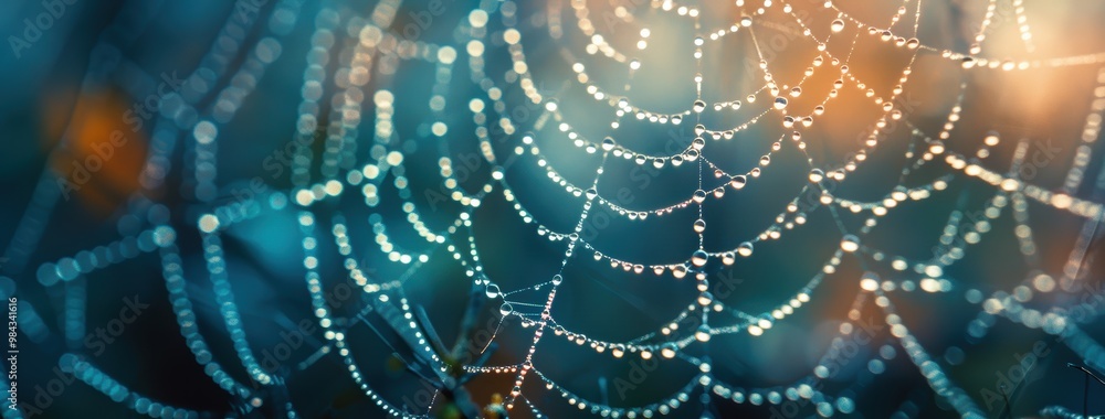 Glowing Spider Web with Dew Drops in Morning Light Glowing Spider Web with Dew Drops in Morning Light