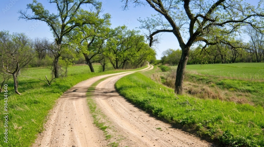 Winding dirt road through lush green countryside with trees scenic rural landscape Winding dirt road through lush green countryside with trees scenic rural landscape