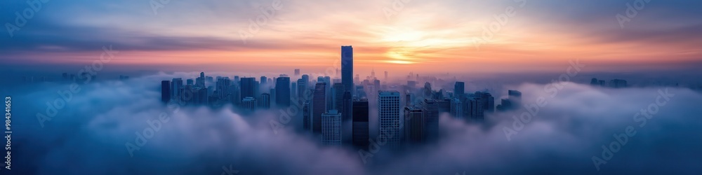 Dramatic Skyline of Towering Skyscrapers Emerging from Misty Fog at Sunset in Bustling Urban Metropolis