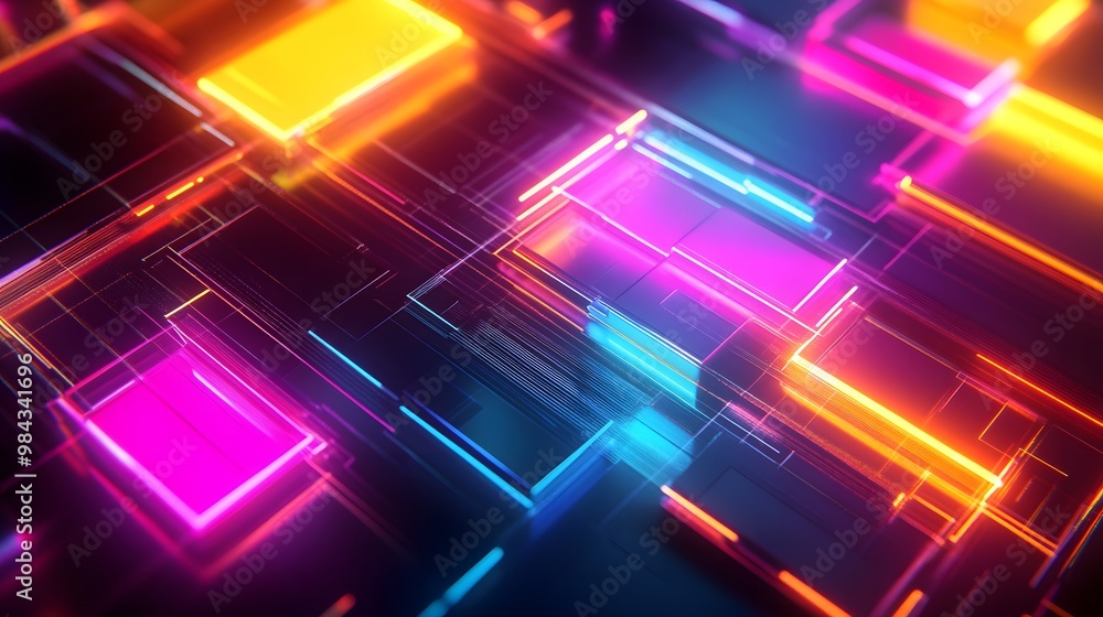 A futuristic tech abstract with neon glowing geometric shapes and vibrant color spectrum, featuring digital circuit board aesthetic with cyberpunk style on a dark background. A futuristic tech abstract with neon glowing geometric shapes and vibrant color spectrum, featuring digital circuit board aesthetic with cyberpunk style on a dark background.