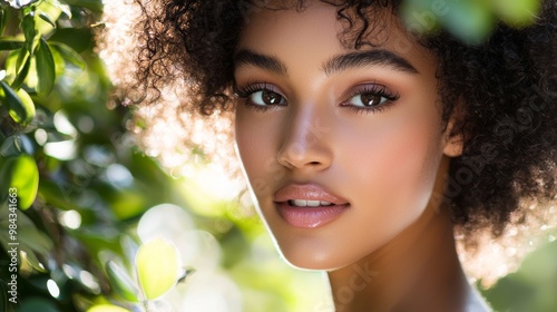 Outdoor beauty photography using natural light to enhance the model skin tone and makeup in an elegant, soft-focus setting photo