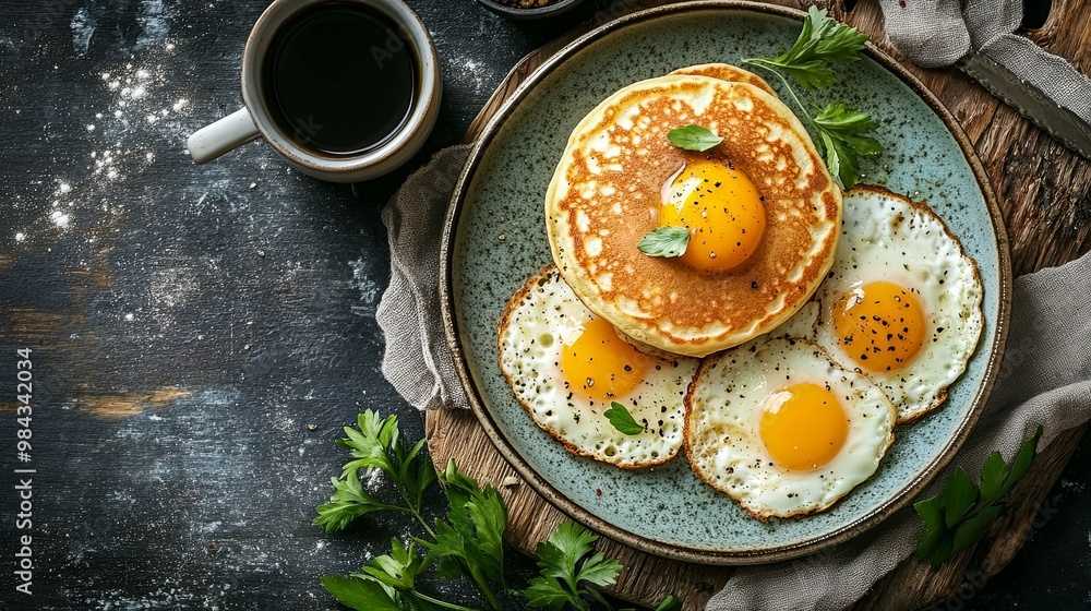 Pancake with Sunny-Side-Up Eggs and Parsley on a Blue Plate Pancake with Sunny-Side-Up Eggs and Parsley on a Blue Plate