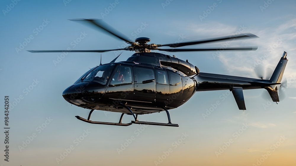 An advanced, high-tech helicopter with modern equipment, all set against a dramatic cityscape at sunset. An advanced, high-tech helicopter with modern equipment, all set against a dramatic cityscape at sunset.
