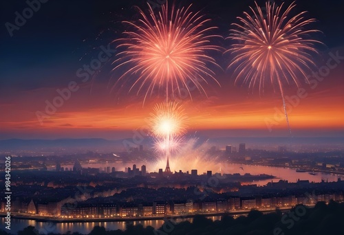 Fireworks are seen from a beach with a beach and mountains buildings in the background