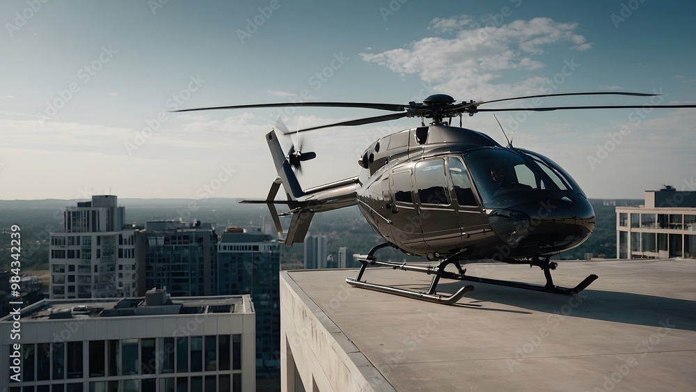 An advanced, high-tech helicopter with modern equipment, all set against a dramatic cityscape at sunset. An advanced, high-tech helicopter with modern equipment, all set against a dramatic cityscape at sunset.
