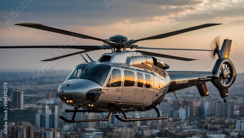 An advanced, high-tech helicopter with modern equipment, all set against a dramatic cityscape at sunset.