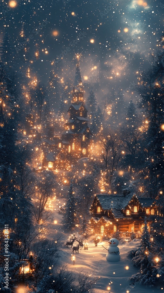 Fototapeta premium A cozy woodland Christmas scene deep in an enchanted forest