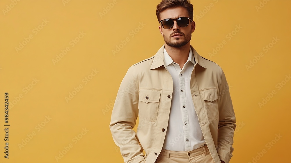 Fashionable man in beige jacket on shoulder shirt pants and sunglasses on beige background banner : Generative AI Fashionable man in beige jacket on shoulder shirt pants and sunglasses on beige background banner : Generative AI
