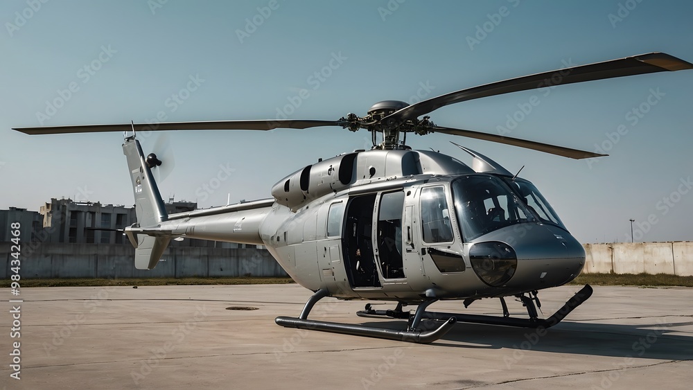 An advanced, high-tech helicopter with modern equipment, all set against a dramatic cityscape at sunset.