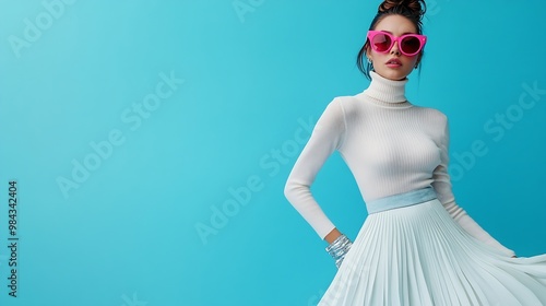 Fashionable confident woman wearing pink wraparound sunglasses turtleneck white denim maxi skirt silver ankle boots posing on blue background Fulllength studio fashion portrait : Generative AI photo