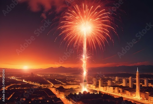 Fireworks are seen from a beach with a beach and mountains buildings in the background