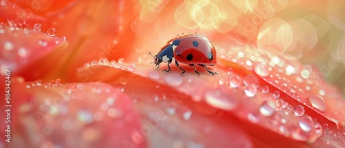 Ladybug on Rose Petal with Dew Drops photo