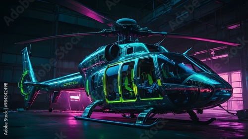 An advanced, high-tech helicopter with modern equipment, all set against a dramatic cityscape at sunset.