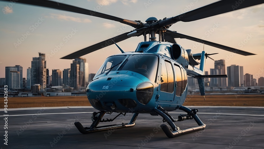 An advanced, high-tech helicopter with modern equipment, all set against a dramatic cityscape at sunset. An advanced, high-tech helicopter with modern equipment, all set against a dramatic cityscape at sunset.