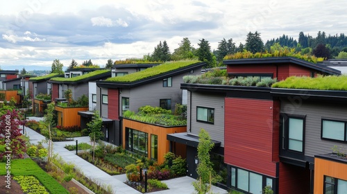 A sustainable urban housing complex with multi-textured James Hardie siding, incorporating green roofs and energy-efficient designs, emphasizing the sidinga??s role in sustainable urban development photo