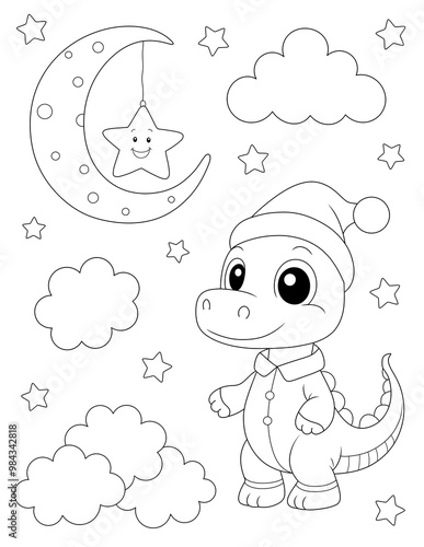 dinosaur coloring page for kids, bedtime theme. You can print it on 8.5 x 11 inch paper.