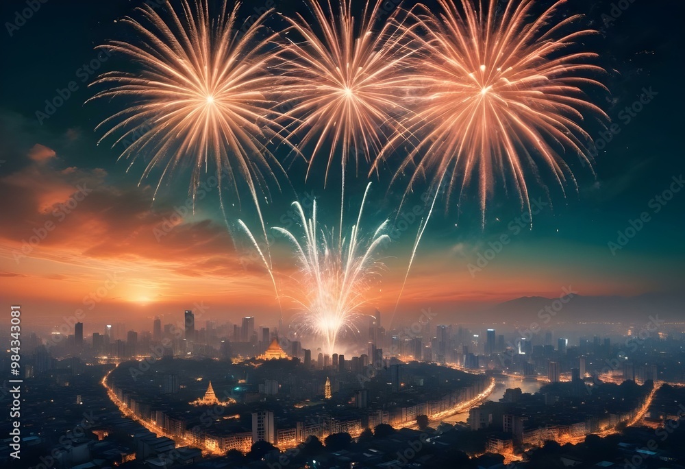 Fireworks are seen from a beach with a beach and mountains buildings in the background Fireworks are seen from a beach with a beach and mountains buildings in the background