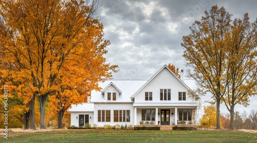 A traditional farmhouse with white James Hardie siding, surrounded by autumn-colored trees, portraying a classic design that withstands changing seasons