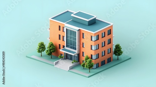 An isometric 3D building in clay render style with soft pastel colors, featuring an orange brick facade, white trim, blue roof, and symmetrical design with minimalist architecture.