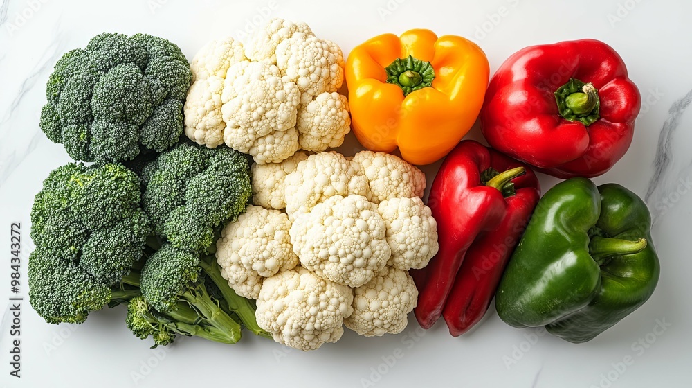 A Colorful Arrangement of Fresh Broccoli, Cauliflower, and Bell Peppers A Colorful Arrangement of Fresh Broccoli, Cauliflower, and Bell Peppers