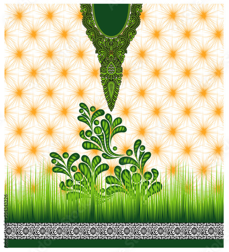 a design of a mirror and some plants
The design features a detailed textile design, likely intended for the upper part of a garment. Here’s a closer look:
•	Central Motif: The main design element is a