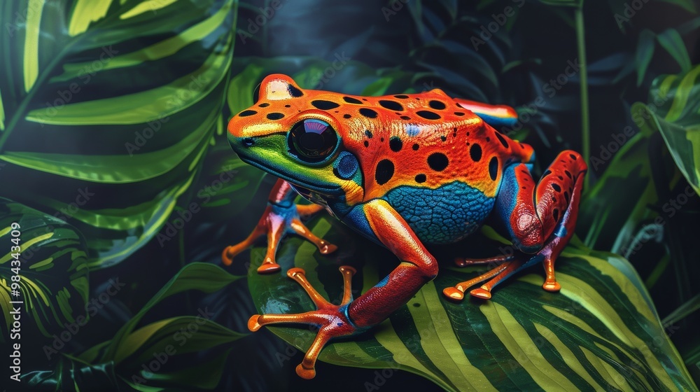 Captivating Poison Dart Frog Perched on Tropical Leaf in Lush Rainforest Habitat