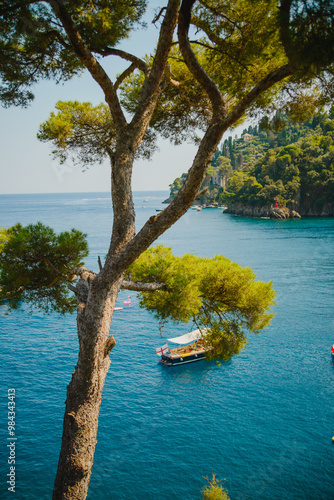 Seascape with rocks and yachts on the sea. Portofino, resort. Ligurian Sea. Italy photo