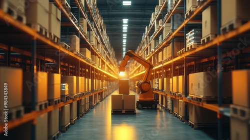 Automated Robot in Modern Warehouse with Cardboard Boxes