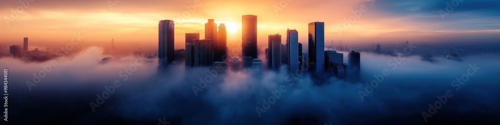 Mystical Cityscape at Sunset Emerging from the Fog Mystical Cityscape at Sunset Emerging from the Fog