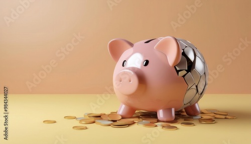 Piggy Bank with Coins on Yellow Background Representing Savings and Financial Stability