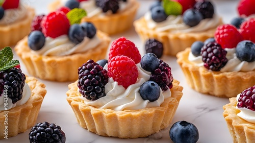 Mini fruit tarts with fresh berries topping, including raspberries, blackberries, and blueberries, on a white marble tabletop with shallow depth of field and elegant presentation.