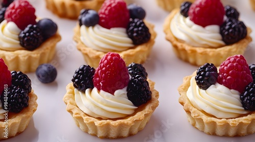 Mini fruit tarts with fresh berries topping, including raspberries, blackberries, and blueberries, on a white marble tabletop with shallow depth of field and elegant presentation.