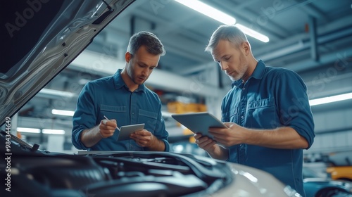 Two Mechanics Working on a Vehicle in a Garage