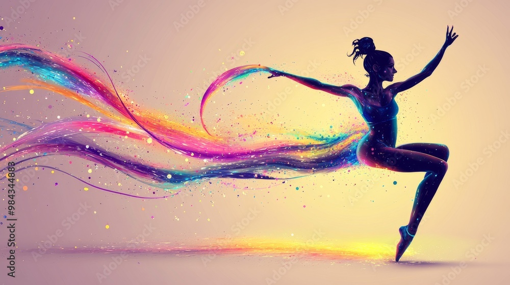 Naklejka premium Elegant gymnast with a ribbon, fluid motion and vibrant colors, vector art